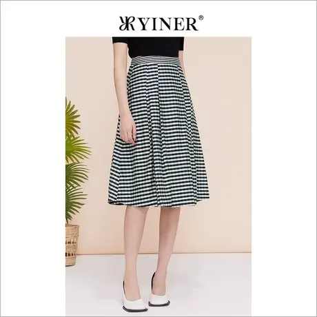 YINER音儿专选女装夏季黑白条纹高腰A字裙过膝半身裙图片