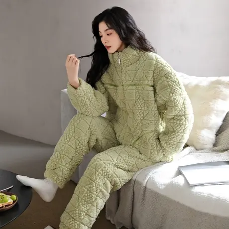 婷美珊瑚绒睡衣女秋冬款加绒加厚三层夹棉冬季可外穿家居服两件套图片