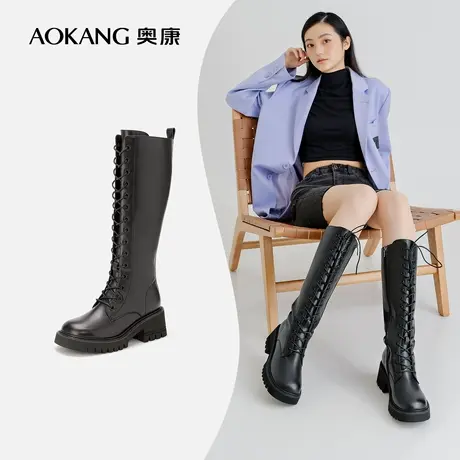 奥康女鞋 2022冬季新款时尚休闲长筒骑士靴马丁靴粗跟舒适显瘦潮商品大图