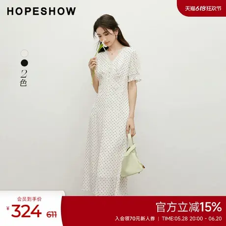 红袖2025春季新款女装波点泡泡袖收腰蕾丝边V领套头连衣裙图片