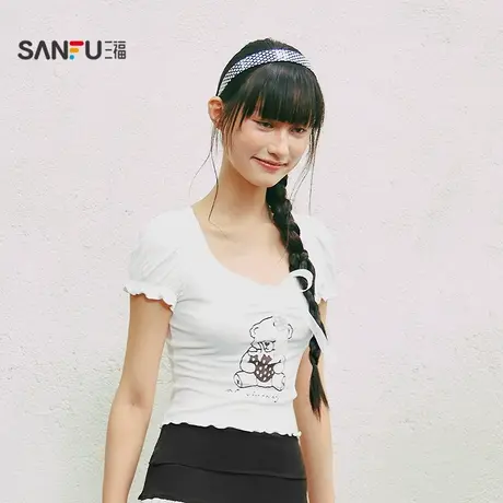 三福女夏季泡泡袖T恤 时尚甜美清新少女休闲短袖上衣504261图片
