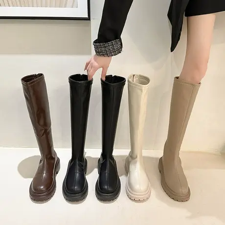 不过膝长筒靴女2023新款秋冬靴子小个子厚底高筒骑士显瘦白色长靴商品大图