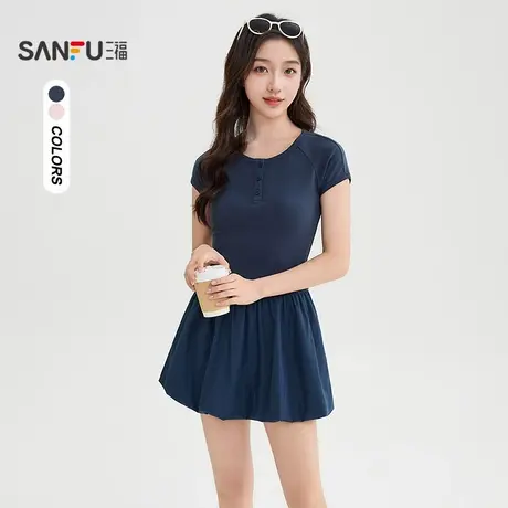 三福连衣裙2025夏季插肩袖设计开扣圆领花苞裙子女装507536图片