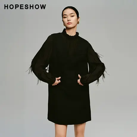 红袖2024冬季新款女装 100绵羊毛正肩无袖V领后拉链西装连衣裙图片