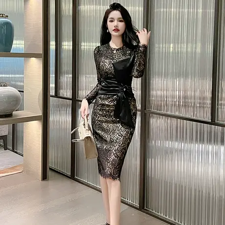 蝴蝶结系带水溶蕾丝连衣裙秋季穿搭高级感轻奢气质名媛修身包臀裙图片