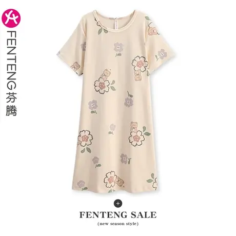 芬腾夏季女士纯棉短袖睡裙韩版甜美卡通少女全棉中长裙家居服睡衣图片