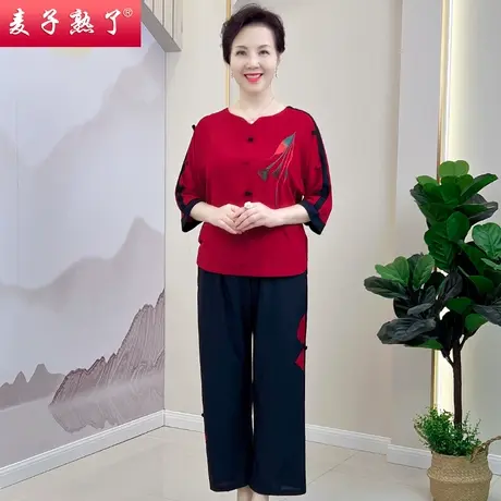 2022妈妈秋款套装阔太太新款小衫T恤洋气上衣中老年人女装两件套图片