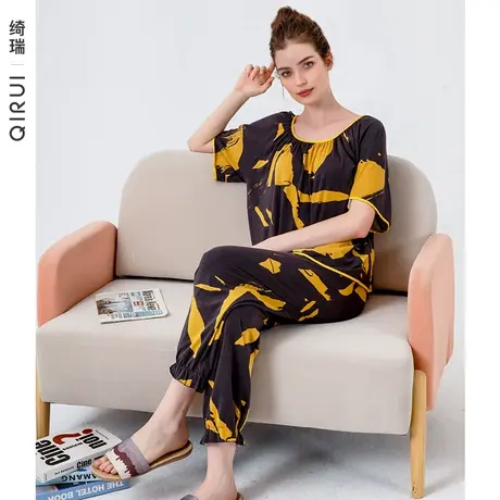 绮瑞睡衣女夏季莫代尔短袖七分裤女士薄款妈妈夏天大码家居服套装图片