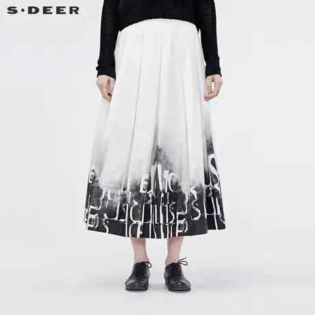 sdeer圣迪奥2019秋文艺休闲水墨字母印花百褶A版长裙  S19181108图片