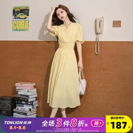 唐狮2025年春夏季新款女V领短袖连衣裙气质百搭款显瘦质感裙子h5图片