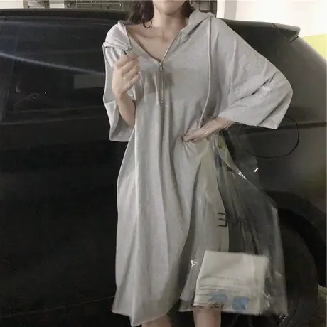 长款过膝连衣裙T恤女夏短袖体桖韩版潮学生宽松百搭半拉链a字裙子图片