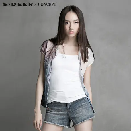 sdeer【淘清仓】圣迪奥女夏装清新彩铅印花抓皱短袖衬衫S15280415图片