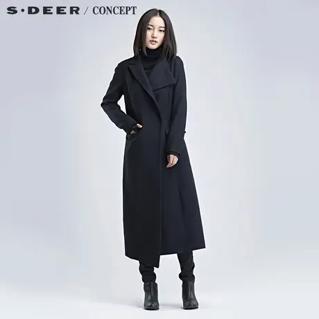 sdeer圣迪奥女2017冬装设计感不对称翻领斜襟毛呢大衣S16481873图片