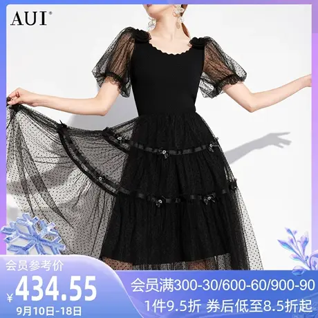 AUI黑色名媛气质网纱连衣裙女2023夏新款高级感收腰泡泡袖大摆裙图片