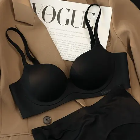 无痕内衣女聚拢小胸一片式隐形光面收副乳胸罩夏季黑色文胸套装图片