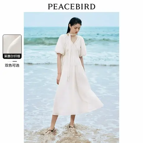 太平鸟女装莱赛尔V领连衣裙夏超仙小白裙法式度假茶歇裙图片