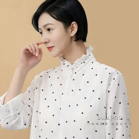 波点衬衣带胸垫女长袖内搭免穿文胸全棉木耳边衬衫上衣图片