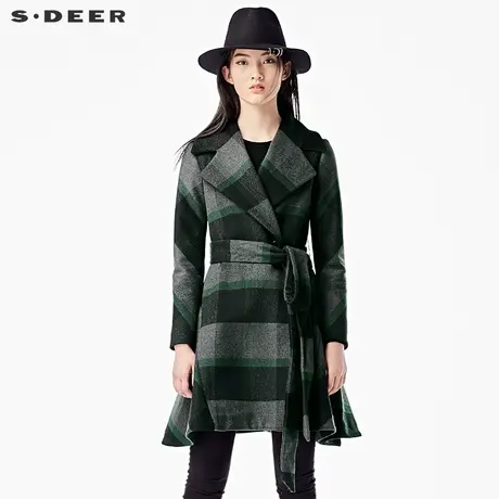sdeer圣迪奥2018冬装学院格纹平驳翻领收腰双排扣大衣女S15481820图片
