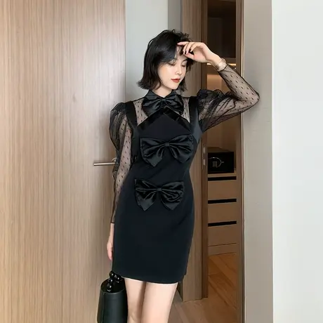 连衣裙女赫本风网纱灯笼袖潮牌女装性感露背冷淡风轻奢主义小黑裙图片