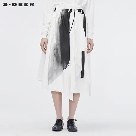 sdeer圣迪奥2019秋优雅松紧腰身水墨印花飘带搭片半身裙S19181104图片