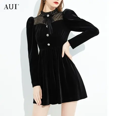 AUI法式复古蝴蝶结丝绒连衣裙女2023秋冬新款黑色网纱年会小黑裙图片