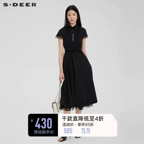 sdeer圣迪奥女装风琴褶网纱收腰蕾丝衬衫连衣裙S232Z12D7图片