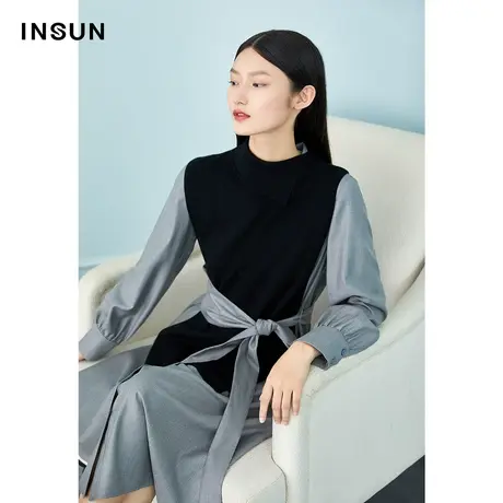 INSUN恩裳冬季拼接针织半高领羊毛连衣裙图片