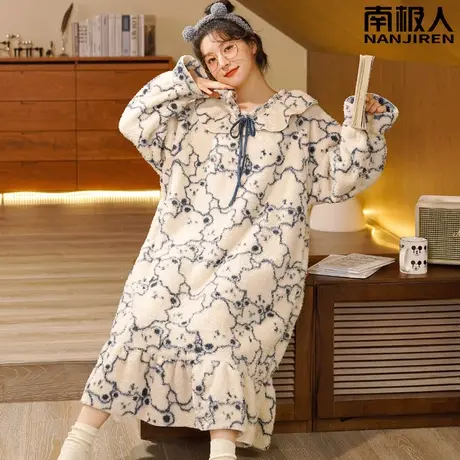 睡裙女冬季珊瑚绒法兰绒冬天加绒加厚孕妇秋冬清雅睡衣女2023新款图片
