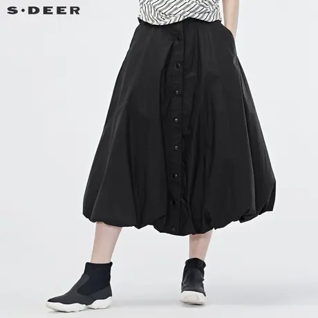 sdeer圣迪奥2019秋女单排扣松紧收口A字纯黑半身裙S19181115图片