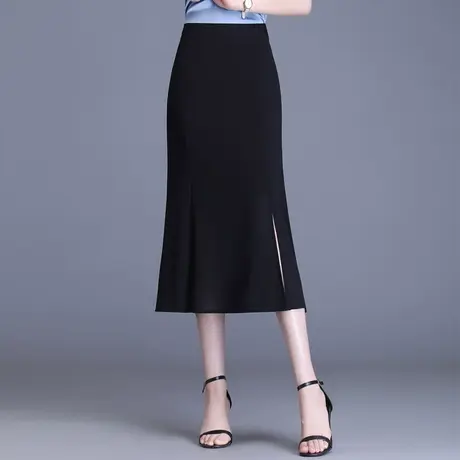 黑色包臀鱼尾裙女夏季2023新款高腰修身半身裙中长通勤开叉一步裙图片