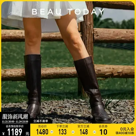 BeauToday显瘦长靴牛皮长筒靴BT厚底复古骑士靴子女粗跟牛仔靴商品大图