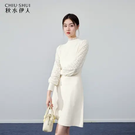 秋水伊人半高领蕾丝针织A字连衣裙冬季2023新款女装气质优雅裙子图片