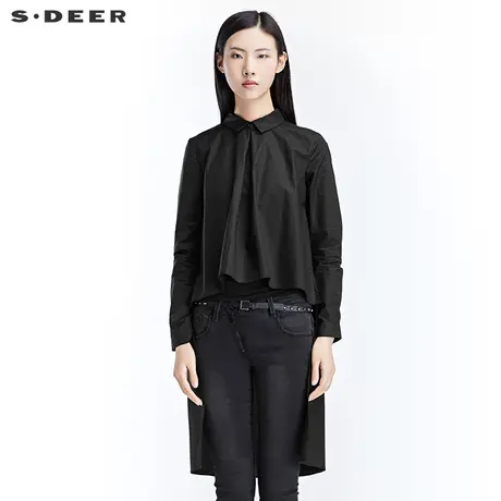 sdeer圣迪奥春装休闲上衣一粒扣纯色简约前短后长衬衫女S17180537图片
