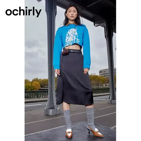 ochirly欧时力 哑光缎面高腰半身裙2023新款秋装链条中长款a字裙图片
