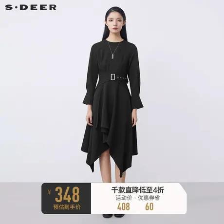 【商场同款】sdeer圣迪奥圆领收腰长袖连衣裙S21481223图片
