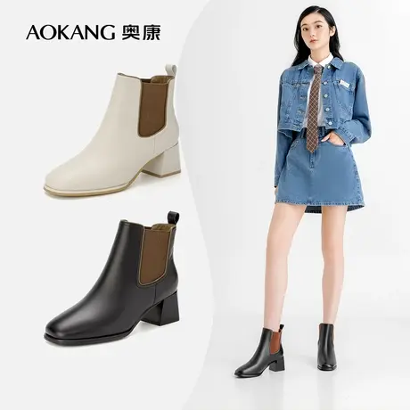 【官方直营】奥康2022冬新款休闲时尚女士时装靴套筒粗跟舒适百搭图片