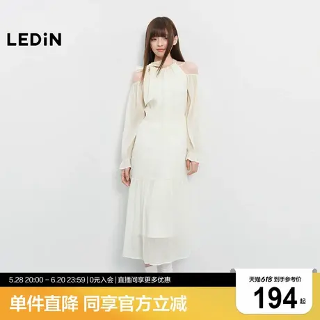 乐町少女感露肩雪纺长裙女25年春季新款宽松仙女裙挂脖长袖连衣裙图片