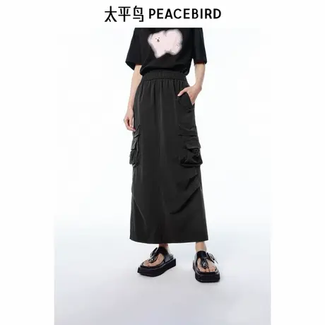 太平鸟工装风半身裙女长裙2025夏新款轻薄挺括黑色运动风直筒裙子图片
