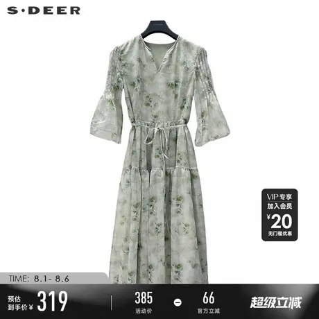 sdeer圣迪奥秋装女装田园风V领印花收腰喇叭袖连衣裙S243Z1232图片