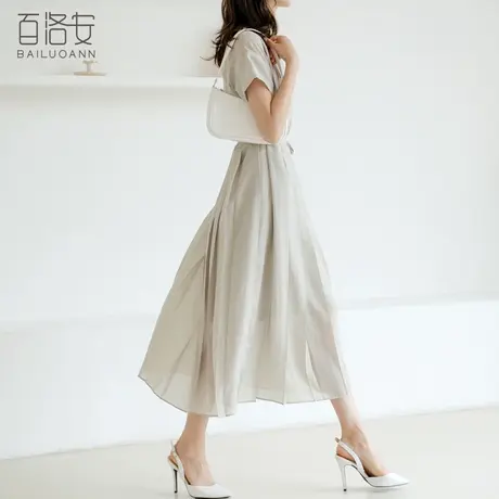 百洛安长款透气天丝连衣裙女宽松显瘦a字裙夏季新款百褶裙衬衫裙图片