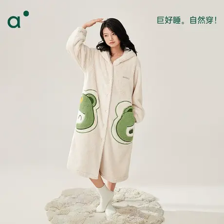 安之伴睡袍女秋冬季珊瑚绒中长款加绒加厚可外穿连帽睡裙睡衣浴袍图片