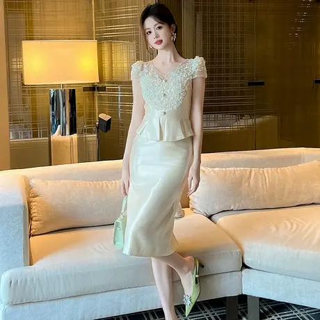 端庄大气女神范时尚连衣裙夏季独特假两件小众设计气质包臀中长裙图片