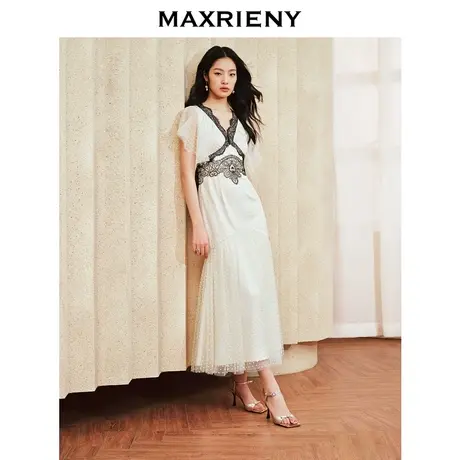 MAXRIENY复古宫廷浪漫风撞色蕾丝连衣裙2024春季新品波点裙子图片
