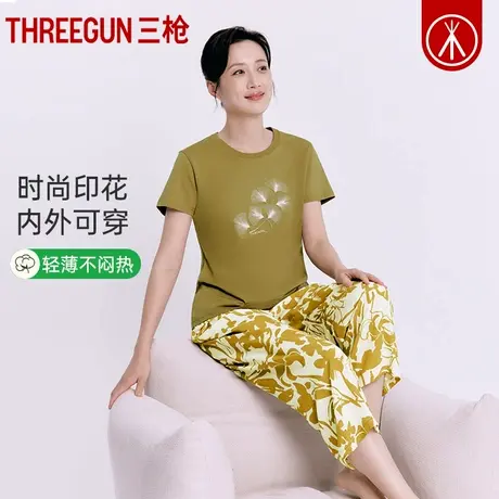 三枪睡衣女纯棉夏季薄款中老年短袖八分裤宽松透气女士家居服套装图片