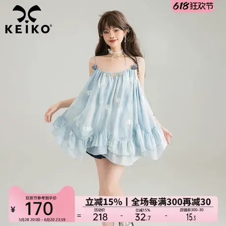 KEIKO [刺绣碎花]不规则荷叶边吊带裙短裙夏季海边度假无袖连衣裙图片