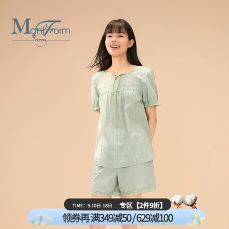 曼妮芬棉质生活睡衣全棉针梭拼刺绣圆领短袖短裤套装家居服女TC商品大图