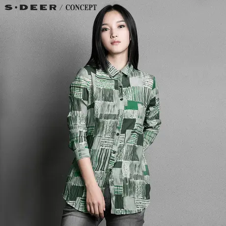 sdeer圣迪奥2017秋装女装新款撞色抽象印花长袖衬衫S15380512图片