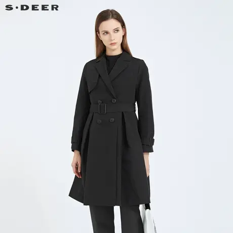 sdeer圣迪奥春秋装西装领双排扣收腰中长款风衣女S21181803图片