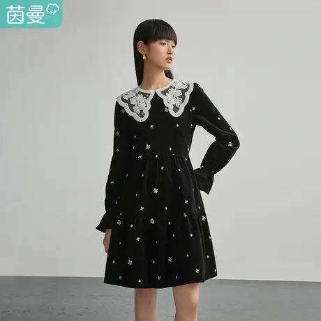 茵曼特价清仓春季新款女绣花娃娃领刺绣喇叭袖显瘦长袖连衣裙图片