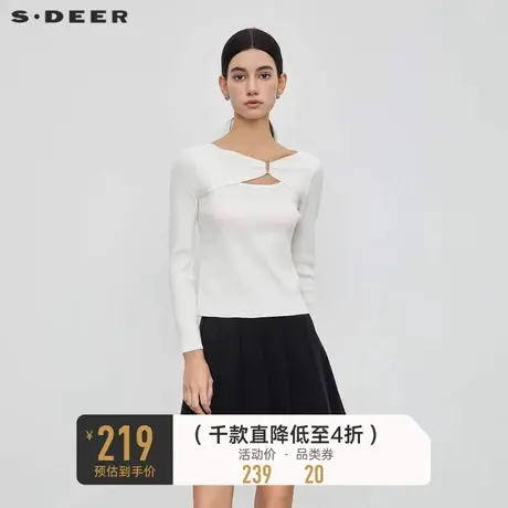 sdeer圣迪奥女装优雅V领拼接碎褶修身针织衫S23463515商品大图